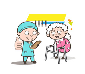 Cartoon Surgeon Showing Good Medical Report to Old WomanVector Illustration