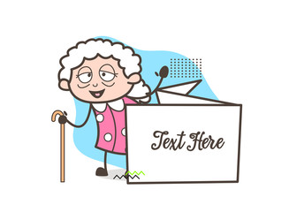 Cartoon Granny with Ad Banner Vector Illustration