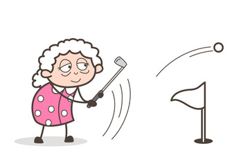 Cartoon Granny Playing Golf Sport Vector Illustration