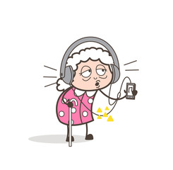 Cartoon Modern Grand Mother Listening Music Vector Illustration