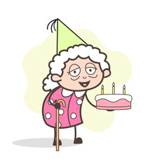Cartoon Old Grand Mother Celebrating Her Birthday Vector Illustration