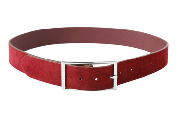 Red leather belt with silver buckle isolated on white background
