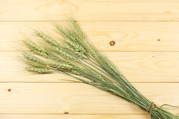 green spikelets of wheat on wood background. top view with copy space