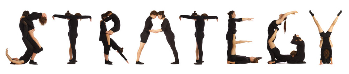Black dressed people forming STRATEGY word