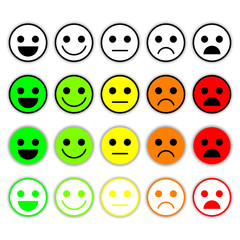 Set of Emoticons. Emoji level, rank, load. Excellent, good, normal, bad, awful. Isolated on white background.