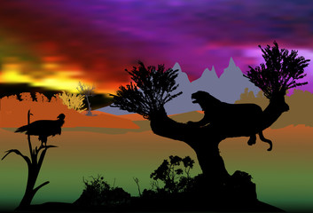 African landscape with tiger and vulture on a tree. Dark tropical landscape with wildlife animals at sunset