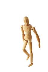 wooden puppet action in white isolated with path