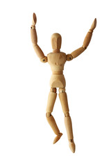 wooden puppet action Success in white isolated with path