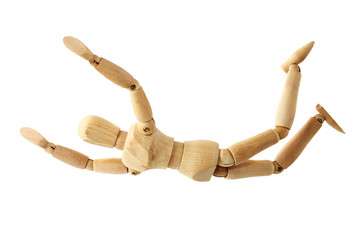 falling wooden puppet action in white isolated with path