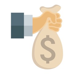 Hand holding money bag flat icon, business and finance, bank sign vector graphics, a colorful solid pattern on a white background, eps 10.