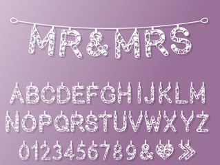 Banner decoration for wedding Mr. end MRS. Letter alphabet for laser cutting of paper and other materials. vector illustration.