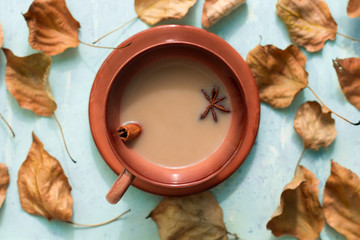 a warming mug of coffee with milk, cinnamon and anise among the autumn leaves