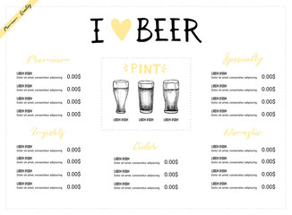 Hand drawn vector illustration - Beer menu (Light / Dark / Red / White). I love beer. Perfect for restaurant brochure, cafe flyer, delivery menu. Design template with illustrations in sketch style.