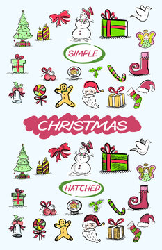 A set of hand drawn Christmas related doodles in a loose, colourful style