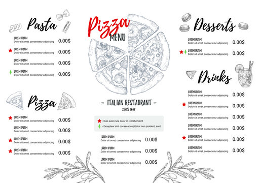 Hand drawn vector illustration - Italian menu. Pasta and Pizza. Perfect for restaurant brochure, cafe flyer, delivery menu. Design template with illustrations in sketch style.