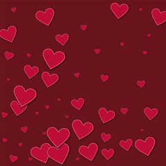 Red stitched paper hearts. Abstract pattern on wine red background. Vector illustration.