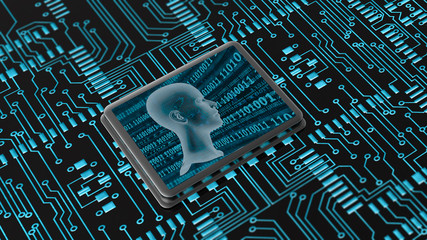 Microprocessor with Head in Blue - obrazy, fototapety, plakaty
