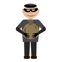 A cartoon thief wearing a black mask and a cap with a bag of money in his hands. Bandit holds a cute bag vector character