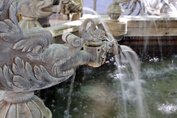Wasser spritzende Fische am Delphinbrunnen in Ulm
