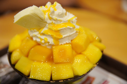close-up on dessert mango bingsu