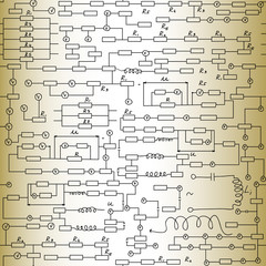 Physics vector seamless endless texture with alternating current circuit schemes, handwritten on grey old paper, scientific research background