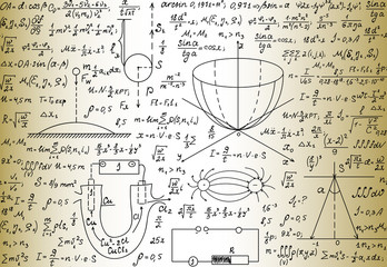 Scientific vector seamless pattern with physical and mathematical drawings, task solutions, plots, designs, formulas, "handwritten on the old paper"