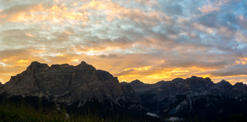 Fantastic landscape on the Dolomites during the sunset. View on Sas Crusc, and Lavarela picks. Alta Badia, Sud Tirol, Italy
