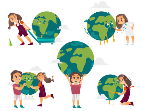 Kids, boys and girls, hugging, holding, playing with the Globe, Earth planet, cartoon vector illustration isolated on white background. Kids, children and the Globe, Save the Earth concept