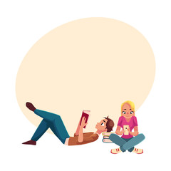 Boy, man reading book lying and woman, girl using mobile phone siting crossed legs on the floor, cartoon vector illustration with space for text. Man and woman reading book, using smartphone