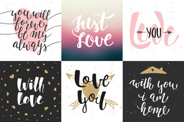 Set of vector romantic lettering posters, greeting cards, decoration, prints. Hand drawn typography design elements. Handwritten lettering. Modern ink brush calligraphy.