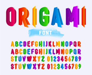 Multicolored folded paper alphabet letters and numbers. origami  font isolated on gray background.
