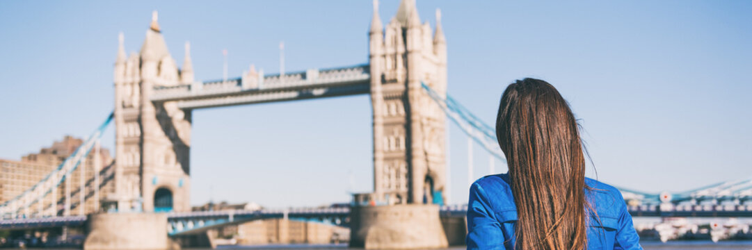Tower Bridge London Travel Woman Tourist Banner. Panoramic Background Of City Urban Person Looking At Famous Attraction, Landmark Of Europe Destination. Landscape Horizontal Crop.