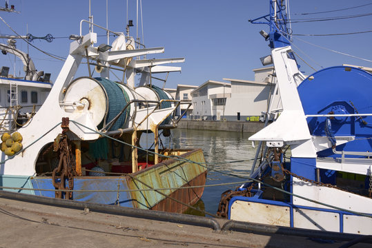 Trawlers in the fishing harbor of La Turballe, a commune in the Loire-Atlantique department in western France.
