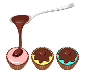 Liquid hot chocolate flows from the spoon to the capcake. Set of cupcakes with chocolate glaze cream and fondant. Vector illustration isolated on white background.