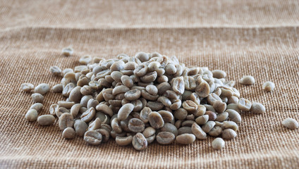 Fototapeta na wymiar Coffee grains with green leaf in sackcloth. Guatemala