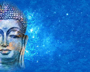 Kopf von Lord Buddha digitale Kunstcollage kombiniert mit Aquarell