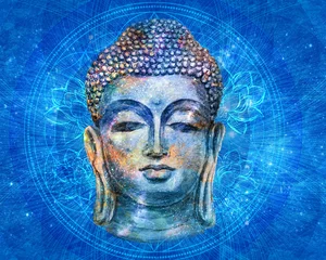 Gartenposter Buddha Kopf von Lord Buddha digitale Kunstcollage kombiniert mit Aquarell