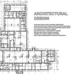 Architectural stylish background. Black and white detailed plan of the ground floor of a modern building. Vector blueprint for your design.