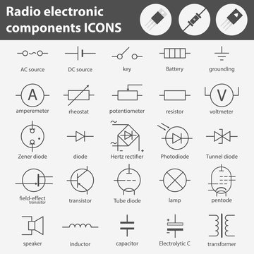 Electronic components line gray icons set of 20