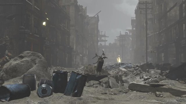 Street level , dolly left to right through the rubble and debris in a Post apocalyptic city.