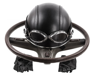 Car steering wheel, helmet on white isolated background