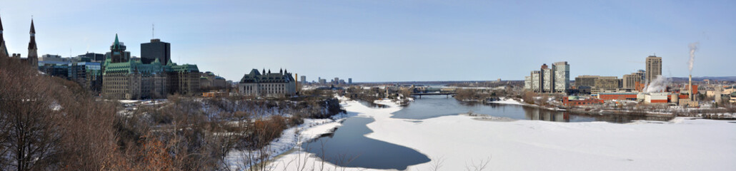 Fototapeta na wymiar Gatineau skyline panorama in winter, Photo taken from Ottawa Parliament Hill, Ottawa, Ontario, Canada.