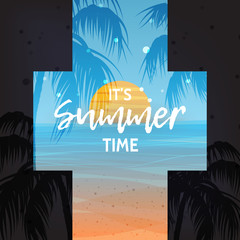 Summer tropical background (backdrop). Ocean (beach) with sunset, night sky with stars and palms. Summertime, summer time poster, card