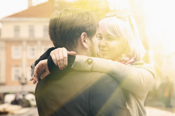 Embrace happiness, tenderness and love. Young couple hug each other.