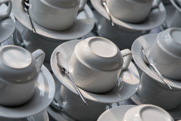 A few cups of coffee table laying. view from above. A lot of cups for coffee
