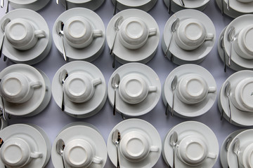 A few cups of coffee table laying. view from above