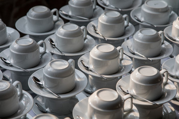 A few cups of coffee table laying. view from above. A lot of cups for coffee