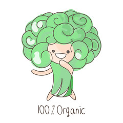 Cute (kawaii) vegetable - Broccoli. Doodle style. Kids illustration. 100% Organic food