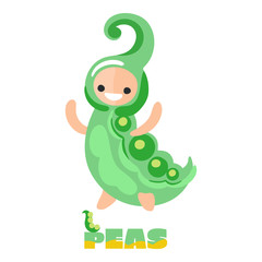 Cute (kawaii) vegetable - Green peas. Doodle style. Kids illustration. 100% Organic food