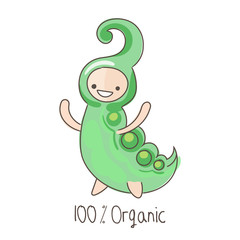 Cute (kawaii) vegetable - Green peas. Doodle style. Kids illustration. 100% Organic food